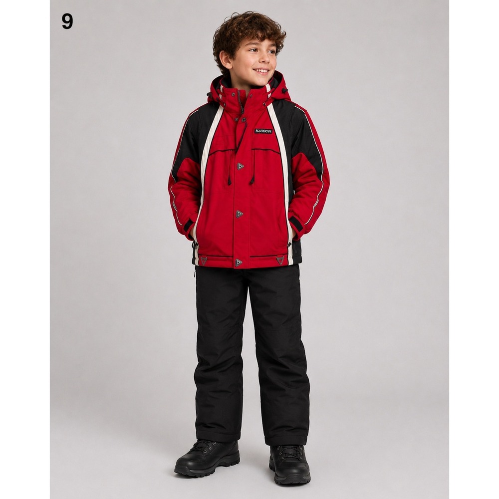 Karbon Ski Jacket Youth 12 Red Nylon Hood Pockets Snow Skirt Embroidered Back